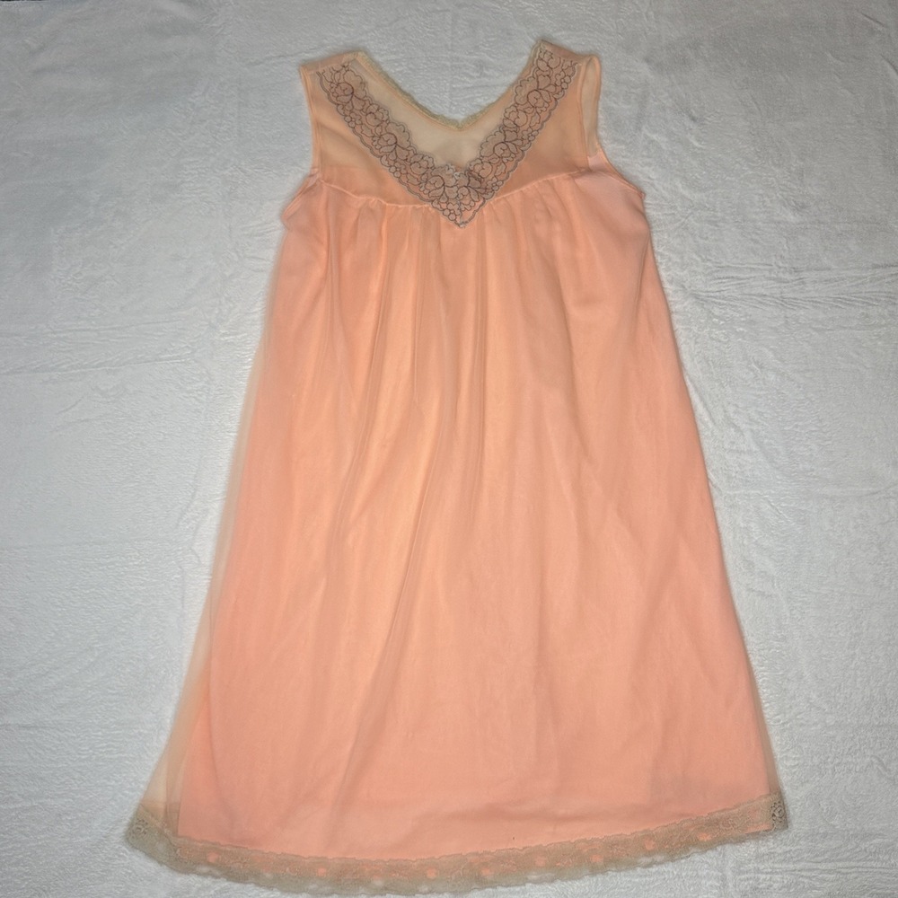 VTG Coral Peach Chiffon Nightgown Sheer Lace‎ Babydoll S/M Fairy Coquette Soft